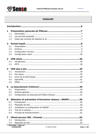 Tutorial PfSense Français v0.1.0
© COSTANZO – GRILLAT -
LEFRANCOIS © PfSense 2009 Page 4 / 88
SOMMAIRE
Introduction......................................................................................6
1 Présentation generale de PfSense ...............................................7
1.1 Généralités........................................................................................7
1.2 Les services proposés .........................................................................7
1.3 Index des versions de logiciels et os .....................................................7
2 Portail Captif................................................................................8
2.1 Présentation ......................................................................................8
2.2 Schéma.............................................................................................9
2.3 Configuration serveur .........................................................................9
2.4 Configuration client ..........................................................................26
3 VPN client ..................................................................................30
3.1 introduction .....................................................................................30
3.2 PPTP...............................................................................................30
4 VPN site à site ...........................................................................39
4.1 introduction .....................................................................................39
4.2 Pré-requis .......................................................................................39
4.3 Choix de la technologie .....................................................................40
4.4 OpenVPN.........................................................................................41
4.5 IPSEC .............................................................................................45
5 Le basculement (Failover) .........................................................49
5.1 Présentation ....................................................................................49
5.2 Schéma général ...............................................................................50
5.3 Configuration du basculement Maître-Esclave ......................................51
6 Détection et prévention d’intrusions réseaux : SNORT...............56
6.1 Introduction.....................................................................................56
6.2 Maquette de test ..............................................................................56
6.3 Installation et configuration de SNORT................................................57
6.4 Test de la solution ............................................................................60
6.5 Principe de fonctionnement................................................................61
7 Client/serveur SSL : sTunnel .....................................................62
7.1 Introduction.....................................................................................62
7.2 Maquette de test ..............................................................................62
 