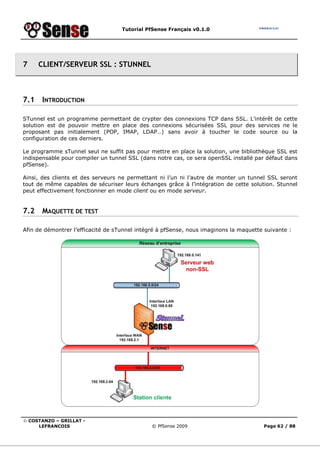Tutorial PfSense Français v0.1.0




7     CLIENT/SERVEUR SSL : STUNNEL



7.1    INTRODUCTION

STunnel est un programme permettant de crypter des connexions TCP dans SSL. L’intérêt de cette
solution est de pouvoir mettre en place des connexions sécurisées SSL pour des services ne le
proposant pas initialement (POP, IMAP, LDAP…) sans avoir à toucher le code source ou la
configuration de ces derniers.

Le programme sTunnel seul ne suffit pas pour mettre en place la solution, une bibliothèque SSL est
indispensable pour compiler un tunnel SSL (dans notre cas, ce sera openSSL installé par défaut dans
pfSense).

Ainsi, des clients et des serveurs ne permettant ni l’un ni l’autre de monter un tunnel SSL seront
tout de même capables de sécuriser leurs échanges grâce à l’intégration de cette solution. Stunnel
peut effectivement fonctionner en mode client ou en mode serveur.


7.2    MAQUETTE DE TEST

Afin de démontrer l’efficacité de sTunnel intégré à pfSense, nous imaginons la maquette suivante :




© COSTANZO – GRILLAT -
     LEFRANCOIS                                © PfSense 2009                          Page 62 / 88
 