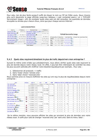 Tutorial PfSense Français v0.1.0



Pour cela, rien de plus facile puisqu’il suffit de cliquer le nom ou l’IP de l’hôte voulu. Nous n’avons
plus qu’à descendre la page affichée jusqu’aux tableaux « Last contacted peers » et « TCP/UDP
Service/port Usage » afin de constater quels sites web ont été consultez, les quantités de données
envoyées ou émises pour chacun d’eux, ainsi que pour chaque service Internet :




9.4.3   Quels sites reçoivent/émettent le plus de trafic depuis/vers mon entreprise ?
Suivant le même ordre d’idée que précédemment, nous allons vérifier quels sites web reçoivent le
plus de donnée depuis notre réseau local. En effet, il pourrait être intéressant de contrôler les sites
les plus souvent sollicités afin d’affiner notre blacklist SquidGuard par exemple… Pour cela :

   1. Sélectionner all protocols -> traffic
   2. Dans ‘hosts’ choisir ‘remote only’
   3. Dans ‘data’ choisir ‘received only’
Nous sommes ainsi en mesure d’afficher les sites qui ont reçu le plus de requêtes/datas depuis notre
entreprise :




 De la même manière, nous pouvons afficher les sites qui envoient le plus de données vers notre
réseau local. Il suffit pour cela de changer ‘received only’ par ‘sent only’ dans le menu ‘data’ :




© COSTANZO – GRILLAT -
     LEFRANCOIS                                 © PfSense 2009                            Page 83 / 88
 