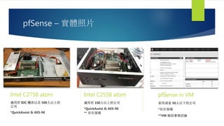 pfSense – 實體照片
Intel C2758 atom
適用於 IDC 機房以及 500人以上的
公司
*QuickAssist & AES-NI
Intel C2558 atom
適用於 100人以上的公司
*QuickAssist & AES-NI
** 有在現場
pfSense in VM
家用或是 50人以下的公司
*有在現場
**VM 秘技會後討論
 