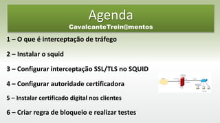 Agenda
CavalcanteTrein@mentos
1 – O que é interceptação de tráfego
2 – Instalar o squid
3 – Configurar interceptação SSL/TLS no SQUID
4 – Configurar autoridade certificadora
5 – Instalar certificado digital nos clientes
6 – Criar regra de bloqueio e realizar testes
 