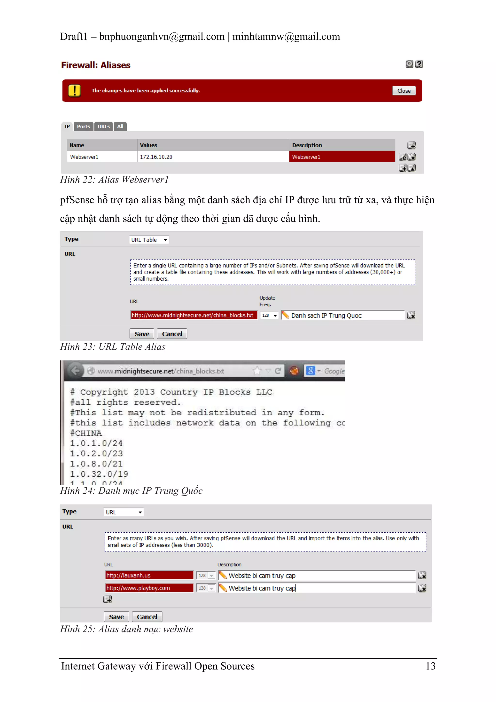 Draft1 – bnphuonganhvn@gmail.com | minhtamnw@gmail.com

Hình 22: Alias Webserver1

pfSense hỗ trợ tạo alias bằng một danh sách địa chỉ IP được lưu trữ từ xa, và thực hiện
cập nhật danh sách tự động theo thời gian đã được cấu hình.

Hình 23: URL Table Alias

Hình 24: Danh mục IP Trung Quốc

Hình 25: Alias danh mục website

Internet Gateway với Firewall Open Sources

13

 