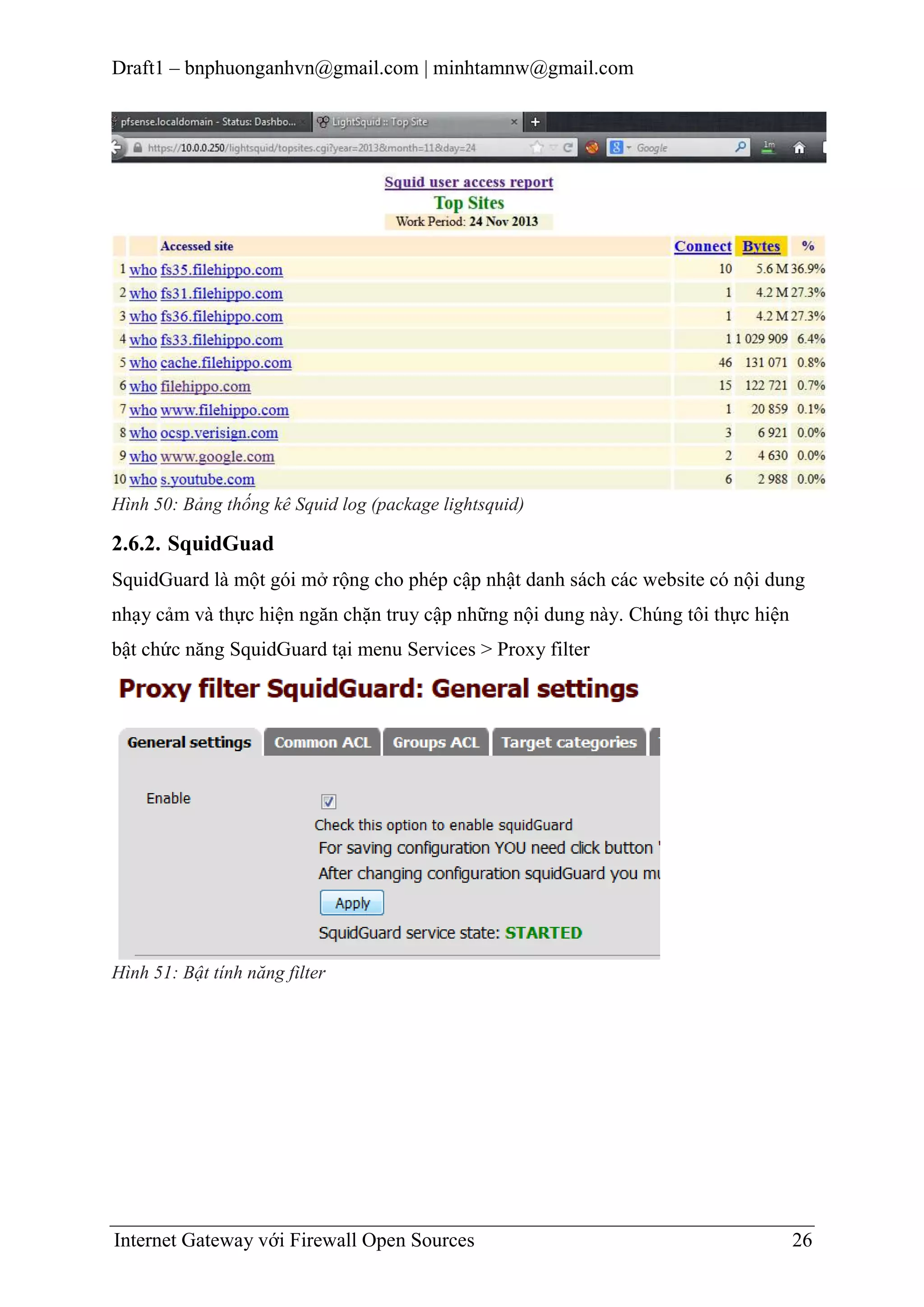 Draft1 – bnphuonganhvn@gmail.com | minhtamnw@gmail.com

Hình 50: Bảng thống kê Squid log (package lightsquid)

2.6.2. SquidGuad
SquidGuard là một gói mở rộng cho phép cập nhật danh sách các website có nội dung
nhạy cảm và thực hiện ngăn chặn truy cập những nội dung này. Chúng tôi thực hiện
bật chức năng SquidGuard tại menu Services > Proxy filter

Hình 51: Bật tính năng filter

Internet Gateway với Firewall Open Sources

26

 