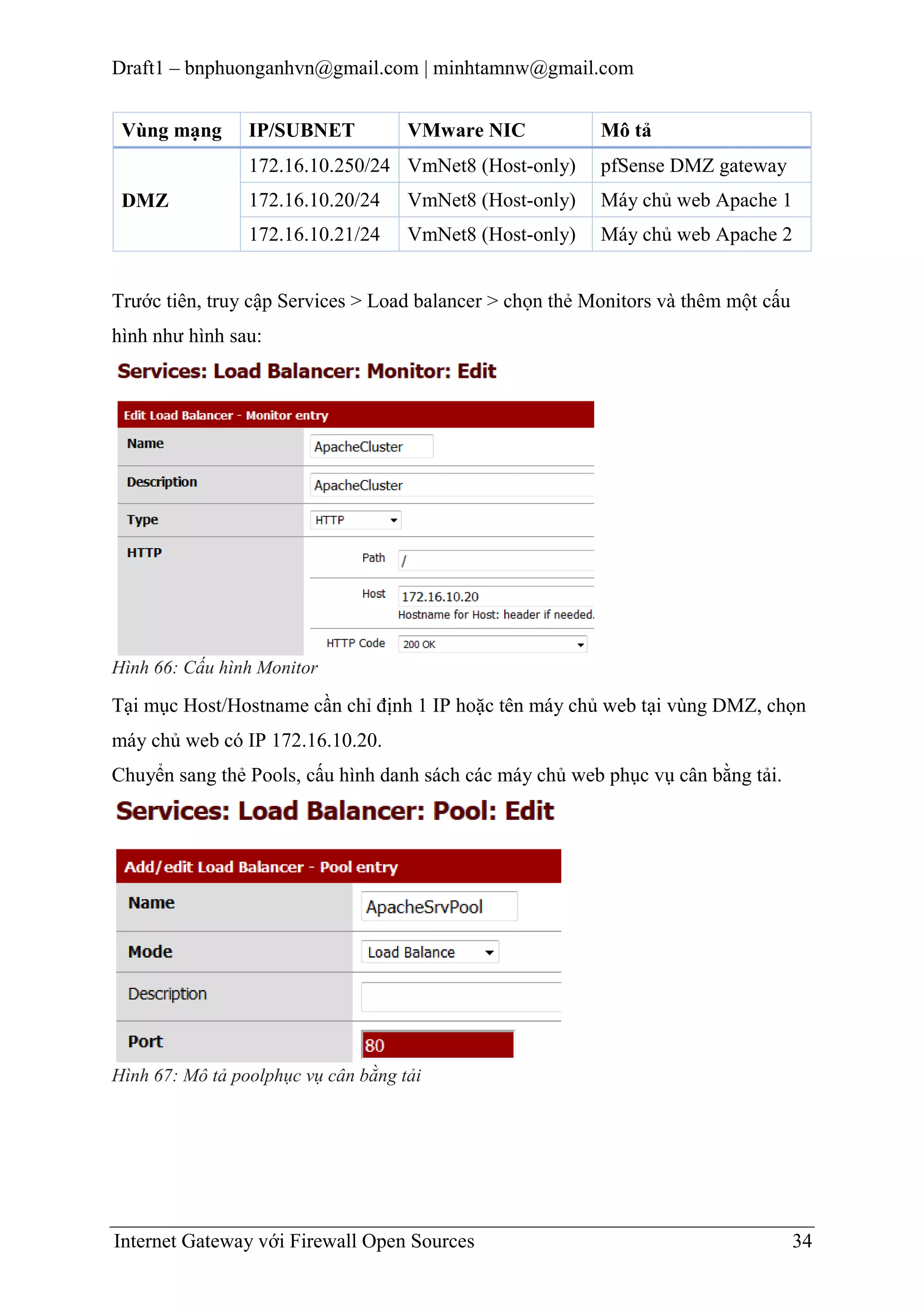 Draft1 – bnphuonganhvn@gmail.com | minhtamnw@gmail.com
Vùng mạng

IP/SUBNET

VMware NIC

Mô tả

172.16.10.250/24 VmNet8 (Host-only)
172.16.10.20/24

VmNet8 (Host-only)

Máy chủ web Apache 1

172.16.10.21/24

DMZ

pfSense DMZ gateway

VmNet8 (Host-only)

Máy chủ web Apache 2

Trước tiên, truy cập Services > Load balancer > chọn thẻ Monitors và thêm một cấu
hình như hình sau:

Hình 66: Cấu hình Monitor

Tại mục Host/Hostname cần chỉ định 1 IP hoặc tên máy chủ web tại vùng DMZ, chọn
máy chủ web có IP 172.16.10.20.
Chuyển sang thẻ Pools, cấu hình danh sách các máy chủ web phục vụ cân bằng tải.

Hình 67: Mô tả poolphục vụ cân bằng tải

Internet Gateway với Firewall Open Sources

34

 