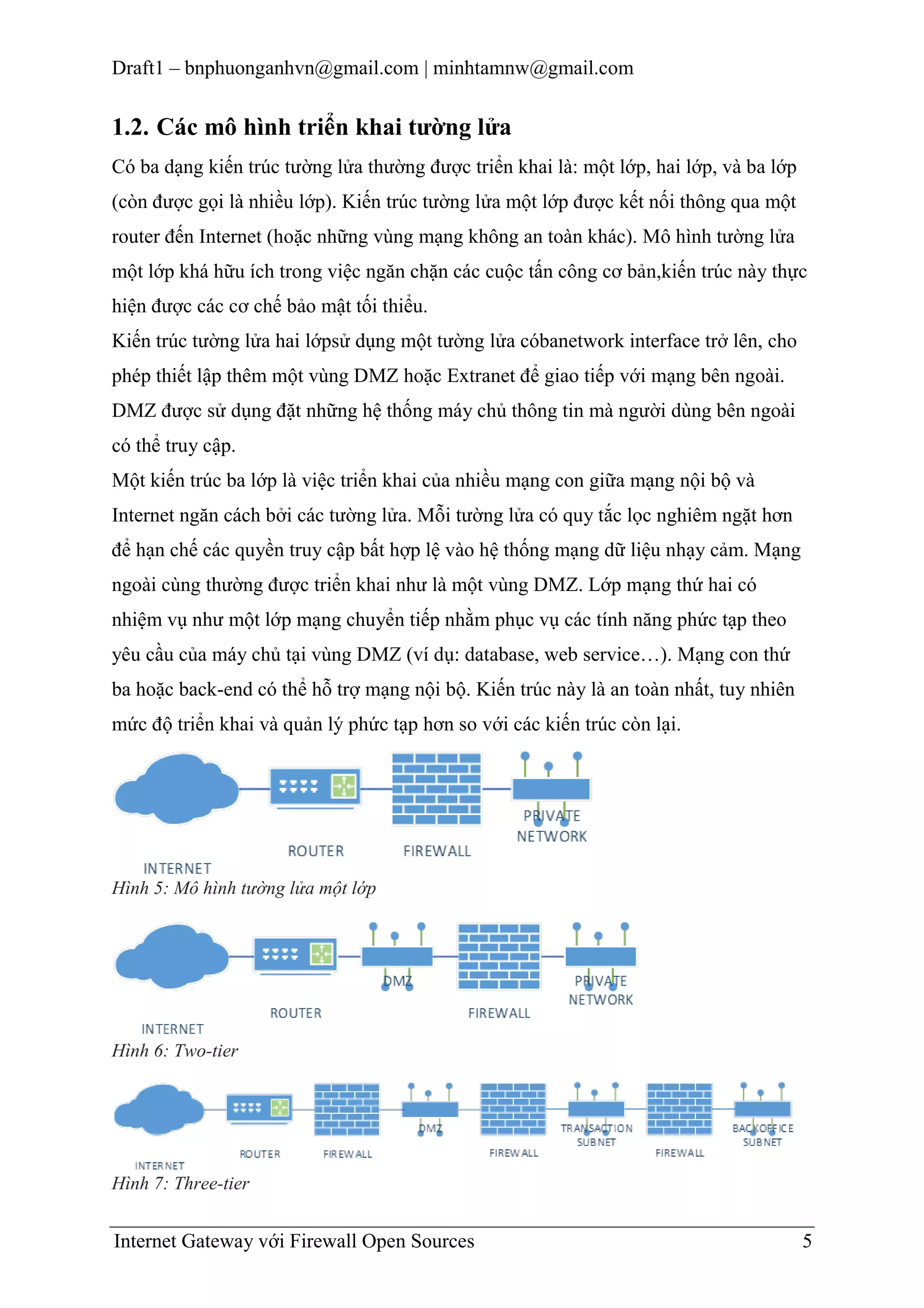 Draft1 – bnphuonganhvn@gmail.com | minhtamnw@gmail.com

1.2. Các mô hình triển khai tƣờng lửa
Có ba dạng kiến trúc tường lửa thường được triển khai là: một lớp, hai lớp, và ba lớp
(còn được gọi là nhiều lớp). Kiến trúc tường lửa một lớp được kết nối thông qua một
router đến Internet (hoặc những vùng mạng không an toàn khác). Mô hình tường lửa
một lớp khá hữu ích trong việc ngăn chặn các cuộc tấn công cơ bản,kiến trúc này thực
hiện được các cơ chế bảo mật tối thiểu.
Kiến trúc tường lửa hai lớpsử dụng một tường lửa cóbanetwork interface trở lên, cho
phép thiết lập thêm một vùng DMZ hoặc Extranet để giao tiếp với mạng bên ngoài.
DMZ được sử dụng đặt những hệ thống máy chủ thông tin mà người dùng bên ngoài
có thể truy cập.
Một kiến trúc ba lớp là việc triển khai của nhiều mạng con giữa mạng nội bộ và
Internet ngăn cách bởi các tường lửa. Mỗi tường lửa có quy tắc lọc nghiêm ngặt hơn
để hạn chế các quyền truy cập bất hợp lệ vào hệ thống mạng dữ liệu nhạy cảm. Mạng
ngoài cùng thường được triển khai như là một vùng DMZ. Lớp mạng thứ hai có
nhiệm vụ như một lớp mạng chuyển tiếp nhằm phục vụ các tính năng phức tạp theo
yêu cầu của máy chủ tại vùng DMZ (ví dụ: database, web service…). Mạng con thứ
ba hoặc back-end có thể hỗ trợ mạng nội bộ. Kiến trúc này là an toàn nhất, tuy nhiên
mức độ triển khai và quản lý phức tạp hơn so với các kiến trúc còn lại.

Hình 5: Mô hình tường lửa một lớp

Hình 6: Two-tier

Hình 7: Three-tier

Internet Gateway với Firewall Open Sources

5

 
