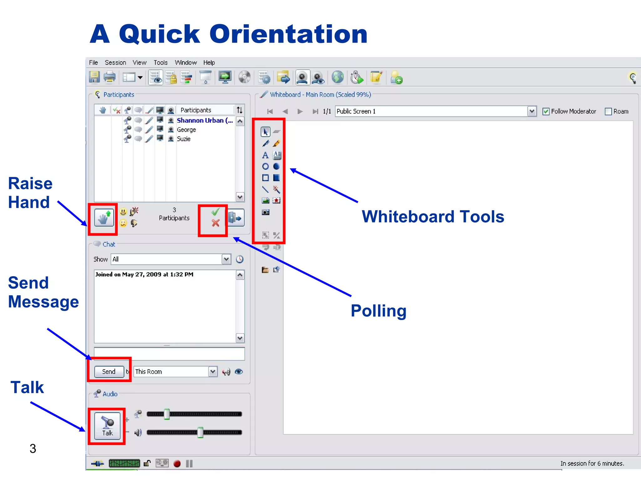 Raise Hand Send Message Talk Polling Whiteboard Tools A Quick Orientation A Quick Orientation 