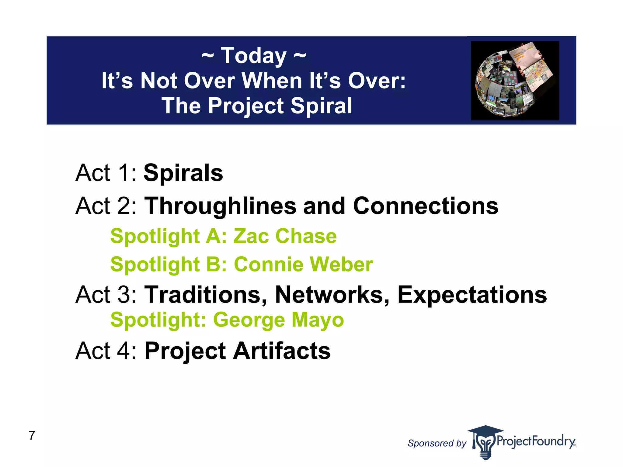 ~ Today ~  It’s Not Over When It’s Over:  The Project Spiral Act 1:   Spirals Act 2:  Throughlines   and Connections Spotlight A: Zac Chase Spotlight B: Connie Weber Act 3:  Traditions, Networks, Expectations Spotlight: George Mayo Act 4:  Project Artifacts 