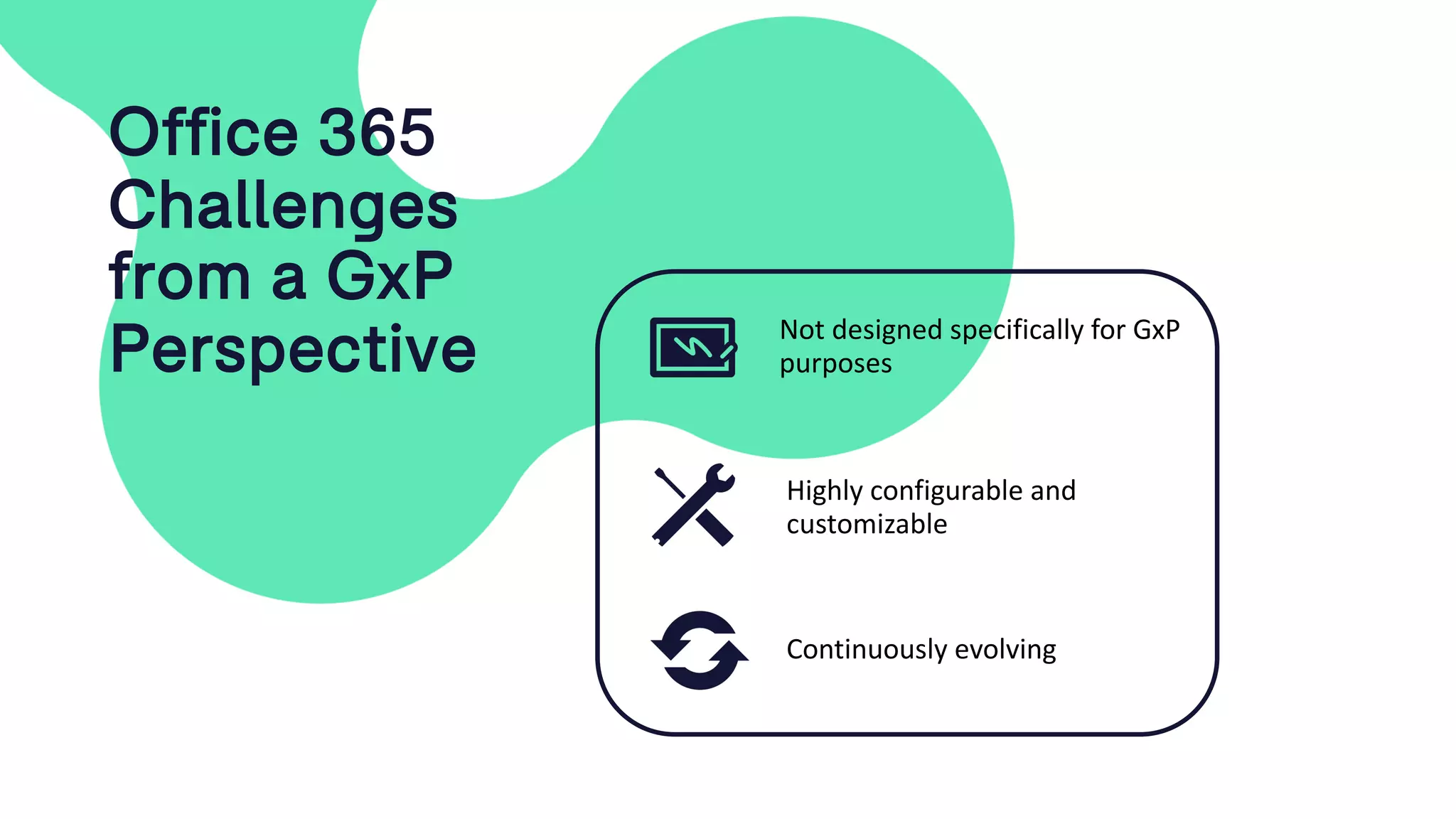 Office 365
Challenges
from a GxP
Perspective
Highly configurable and
customizable
Not designed specifically for GxP
purposes
Continuously evolving
 