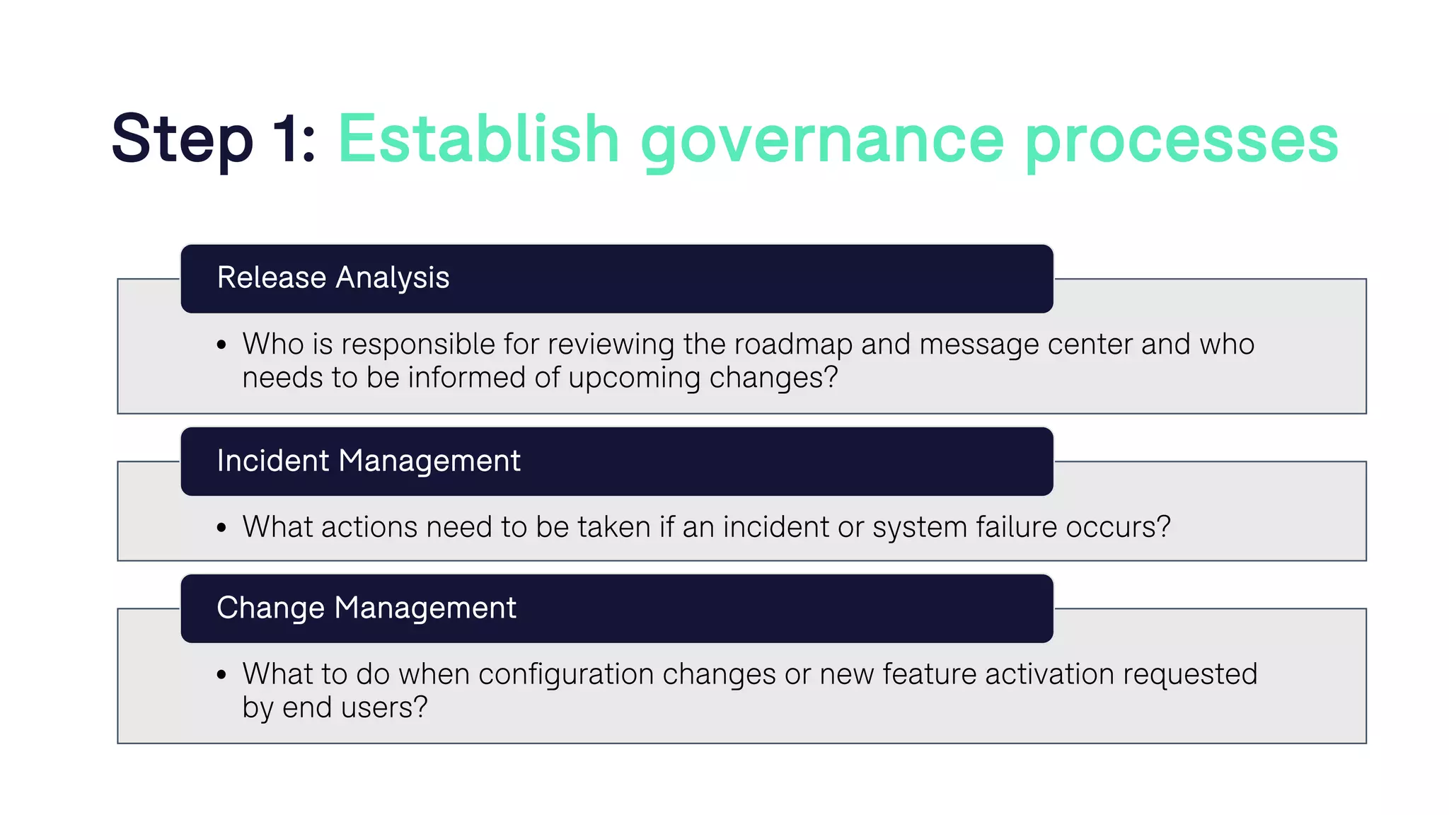 Step 1: Establish governance processes
• Who is responsible for reviewing the roadmap and message center and who
needs to be informed of upcoming changes?
Release Analysis
• What actions need to be taken if an incident or system failure occurs?
Incident Management
• What to do when configuration changes or new feature activation requested
by end users?
Change Management
 