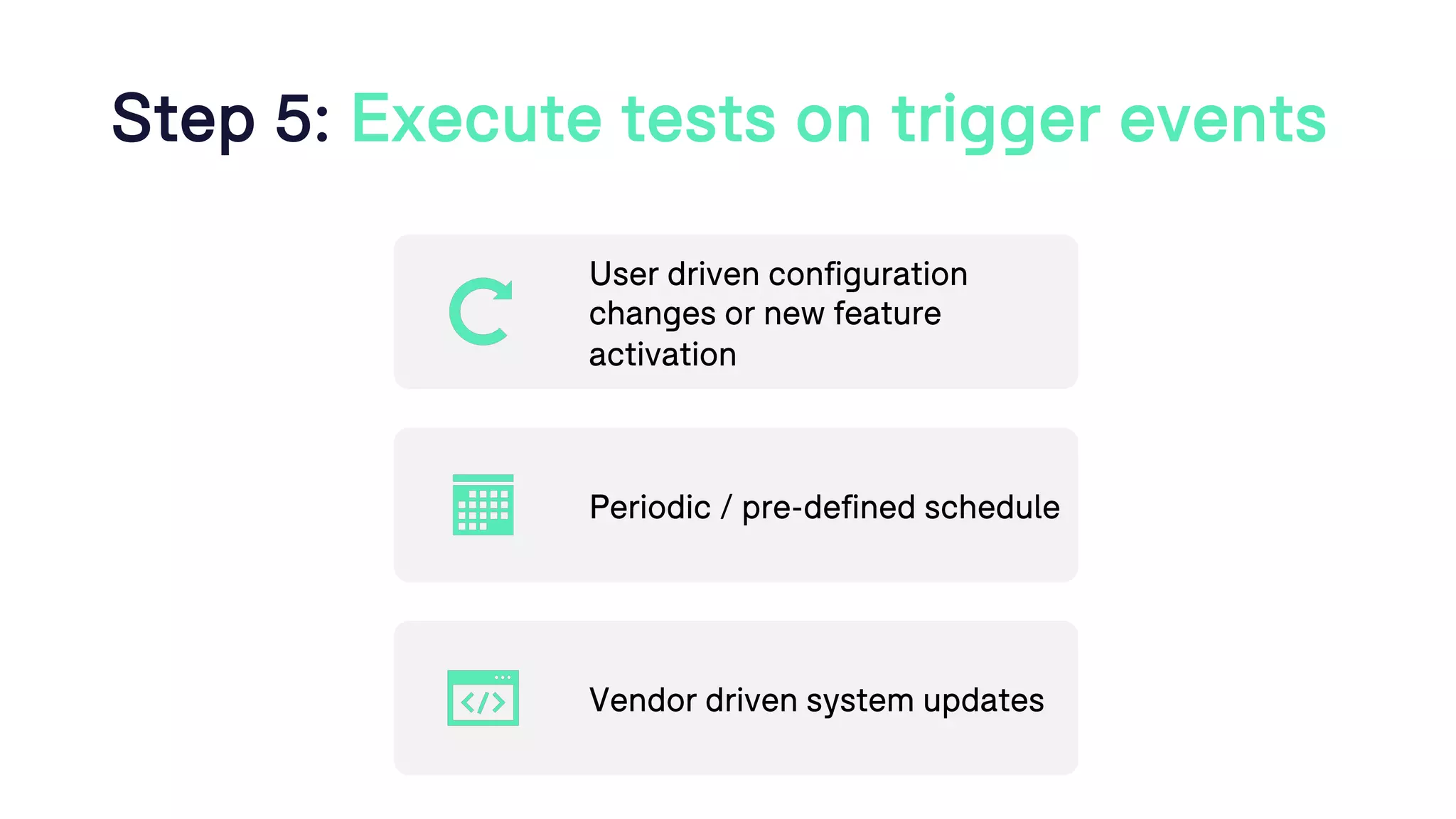 Step 5: Execute tests on trigger events
User driven configuration
changes or new feature
activation
Periodic / pre-defined schedule
Vendor driven system updates
 