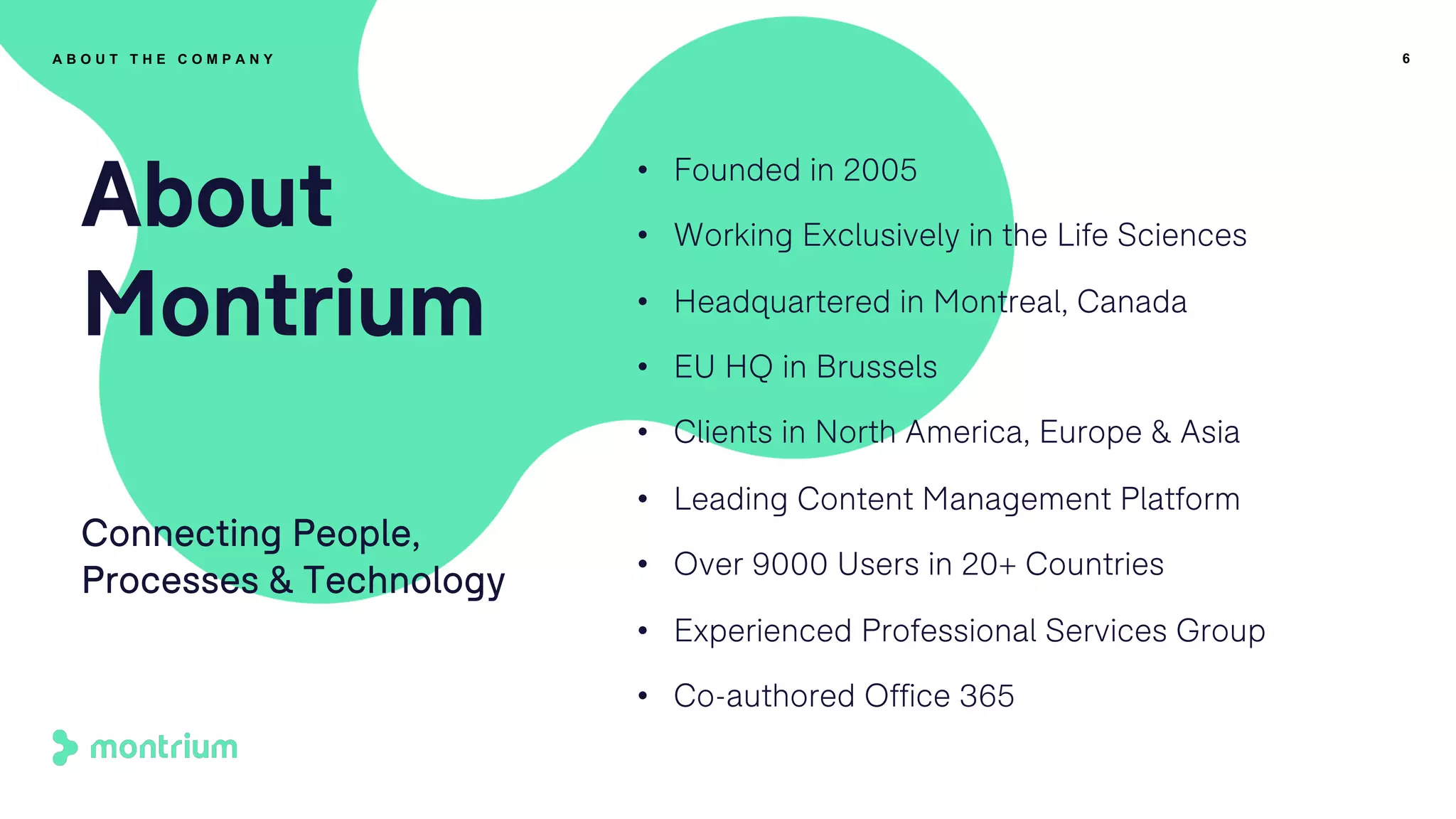 • Founded in 2005
• Working Exclusively in the Life Sciences
• Headquartered in Montreal, Canada
• EU HQ in Brussels
• Clients in North America, Europe & Asia
• Leading Content Management Platform
• Over 9000 Users in 20+ Countries
• Experienced Professional Services Group
• Co-authored Office 365
6
About
Montrium
Connecting People,
Processes & Technology
A B O U T T H E C O M P A N Y
 