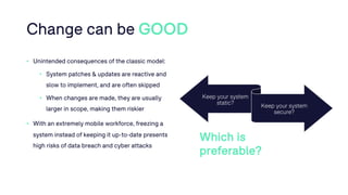 Change can be GOOD
• Unintended consequences of the classic model:
• System patches & updates are reactive and
slow to implement, and are often skipped
• When changes are made, they are usually
larger in scope, making them riskier
• With an extremely mobile workforce, freezing a
system instead of keeping it up-to-date presents
high risks of data breach and cyber attacks
Keep your system
static?
Keep your system
secure?
Which is
preferable?
 