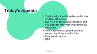 3
Today’s Agenda
LIVE WEBINAR
• Traditional computer system validation
models in the cloud
• Overview of continuous validation and
key steps for implementing continuous
validation
• Office 365 tools at your disposal to
support continuous validation
• Examples in action
• Q&A
 