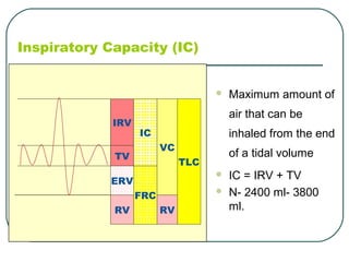 Inspiratory Capacity (IC)
 Maximum amount of
air that can be
inhaled from the end
of a tidal volume
 IC = IRV + TV
 N- 2400 ml- 3800
ml.
IRV
TV
ERV
RV
IC
FRC
VC
TLC
RV
 