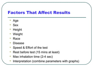 Factors That Affect Results
 Age
 Sex
 Height
 Weight
 Race
 Disease
 Speed & Effort of the test
 Rest before test (15 mins at least)
 Max inhalation time (2-4 sec)
 Interpretation (combine parameters with graphs)
 