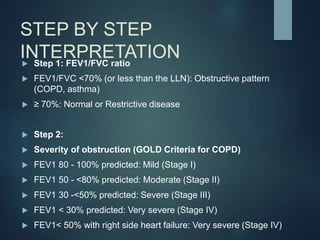 STEP BY STEP
INTERPRETATION
 Step 1: FEV1/FVC ratio
 FEV1/FVC <70% (or less than the LLN): Obstructive pattern
(COPD, asthma)
 ≥ 70%: Normal or Restrictive disease
 Step 2:
 Severity of obstruction (GOLD Criteria for COPD)
 FEV1 80 - 100% predicted: Mild (Stage I)
 FEV1 50 - <80% predicted: Moderate (Stage II)
 FEV1 30 -<50% predicted: Severe (Stage III)
 FEV1 < 30% predicted: Very severe (Stage IV)
 FEV1< 50% with right side heart failure: Very severe (Stage IV)
 