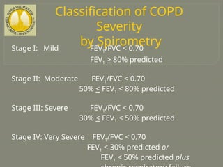 Classification of COPD
Severity
by Spirometry
Stage I: Mild FEV1/FVC < 0.70
FEV1 > 80% predicted
Stage II: Moderate FEV1/FVC < 0.70
50% < FEV1 < 80% predicted
Stage III: Severe FEV1/FVC < 0.70
30% < FEV1 < 50% predicted
Stage IV: Very Severe FEV1/FVC < 0.70
FEV1 < 30% predicted or
FEV1 < 50% predicted plus
 