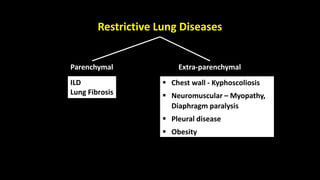 Restrictive Lung Diseases
 Chest wall - Kyphoscoliosis
 Neuromuscular – Myopathy,
Diaphragm paralysis
 Pleural disease
 Obesity
ILD
Lung Fibrosis
Parenchymal Extra-parenchymal
 