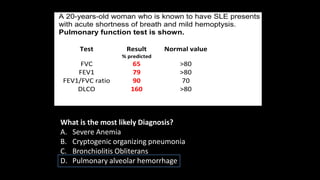 A 20-years-old woman who is known to have SLE presents
with acute shortness of breath and mild hemoptysis.
Pulmonary function test is shown.
Test Result
% predicted
Normal value
FVC 65 >80
FEV1 79 >80
FEV1/FVC ratio 90 70
DLCO 160 >80
What is the most likely Diagnosis?
A. Severe Anemia
B. Cryptogenic organizing pneumonia
C. Bronchiolitis Obliterans
D. Pulmonary alveolar hemorrhage
 