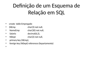 Definição de um Esquema de
Relação em SQL
• create table Empregado
• (NEmp char(3) not null,
• NomeEmp char(30) not null,
• Salario decimal(6,2),
• NDept char(2) not null,
• primary key (NEmp),
• foreign key (NDept) references Departamento)
•
 