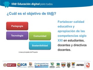 Fortalecer calidad
educativa y
apropiación de las
competencias siglo
XXI en estudiantes,
docentes y directivos
docentes.
¿Cuál es el objetivo de tit@?
Líneas principales del Proyecto
Pedagogía
Comunidad
Sostenibilidad
Tecnología
 