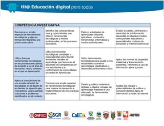 COMPETENCIA INVESTIGATIVA 
Reconoce un amplio 
espectro de herramientas 
tecnológicas y algunas 
formas de integrarlas a la 
práctica educativa. 
Identifico las características, 
usos y oportunidades que 
ofrecen herramientas 
tecnológicas y medios 
audiovisuales, en los procesos 
educativos. 
Elaboro actividades de 
aprendizaje utilizando 
aplicativos, contenidos, 
herramientas informáticas y 
medios audiovisuales. 
Evalúo la calidad, pertinencia y 
veracidad de la información 
disponible en diversos medios 
como portales educativos y 
especializados, motores de 
búsqueda y material audiovisual. 
Utiliza diversas 
herramientas tecnológicas 
en los procesos educativos, 
de acuerdo a su rol área de 
formación, nivel y contexto 
en el que se desempeña 
Utilizo herramientas 
tecnológicas complejas o 
especializadas para diseñar 
ambientes virtuales de 
aprendizaje que favorecen el 
desarrollo de competencias en 
mis estudiantes y la 
conformación de comunidades 
y/o redes de Aprendizaje 
Utilizo herramientas 
tecnológicas para ayudar a mis 
estudiantes a construir 
aprendizajes significativos y 
desarrollar pensamiento crítico. 
Aplico las normas de propiedad 
intelectual y licenciamiento 
existentes, referentes al uso de 
información ajena y propia. 
Aplica el conocimiento de 
una amplia variedad de 
tecnologías en el diseño de 
ambientes de aprendizajes 
innovadores y para plantear 
soluciones a problemas 
identificados en el contexto. 
Combino una amplia variedad 
de herramientas tecnológicas 
para mejorar la planeación e 
implementación de mis prácticas 
educativas. 
Diseño y publico contenidos 
digitales u objetos virtuales de 
aprendizaje mediante el uso 
adecuado de herramientas 
tecnológicas. 
Analiza los riesgos y 
potencialidades de publicar y 
compartir distintos tipos de 
información a través de internet 
