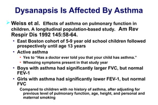 Dysanapsis Is Affected By Asthma
 Weiss et al. Effects of asthma on pulmonary function in
children. A longitudinal population-based study. Am Rev
Respir Dis 1992 145:58-64.
• East Boston cohort of 5-9 year old school children followed
prospectively until age 13 years
• Active asthma
• Yes to “Has a doctor ever told you that your child has asthma.”
• Wheezing symptoms present in that study year
• Boys with asthma had significantly larger FVC, but normal
FEV-1
• Girls with asthma had significantly lower FEV-1, but normal
FVC
Compared to children with no history of asthma, after adjusting for
previous level of pulmonary function, age, height, and personal and
maternal smoking
 
