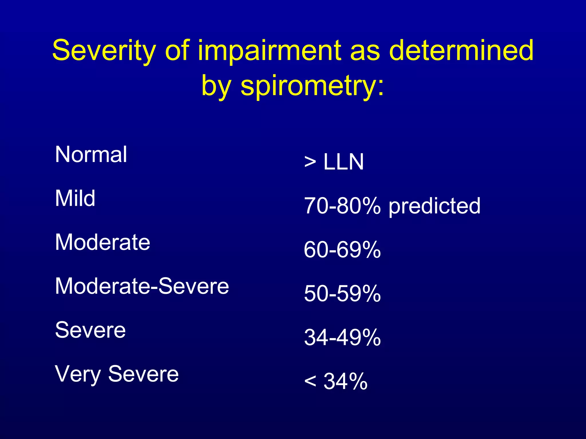 Severity of impairment as determined
by spirometry:
Normal > LLN
Mild 70-80% predicted
Moderate 60-69%
Moderate-Severe 50-59%
Severe 34-49%
Very Severe < 34%
 