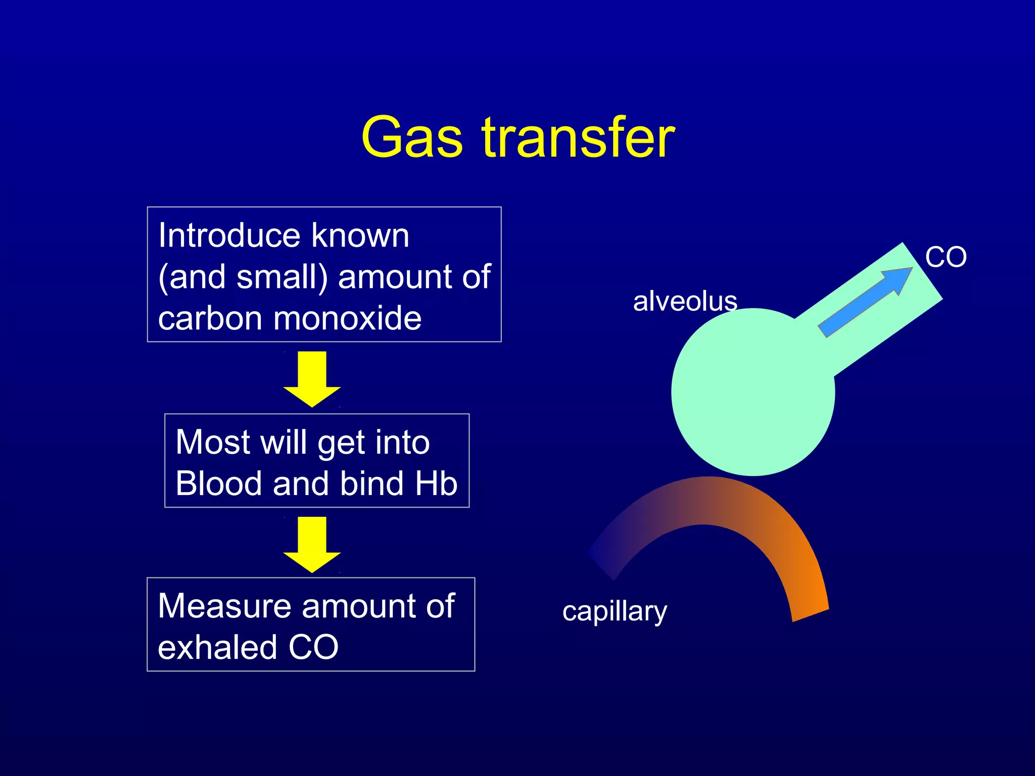 Gas transfer
Introduce known
(and small) amount of
carbon monoxide
Most will get into
Blood and bind Hb
Measure amount of
exhaled CO
alveolus
CO
capillary
 