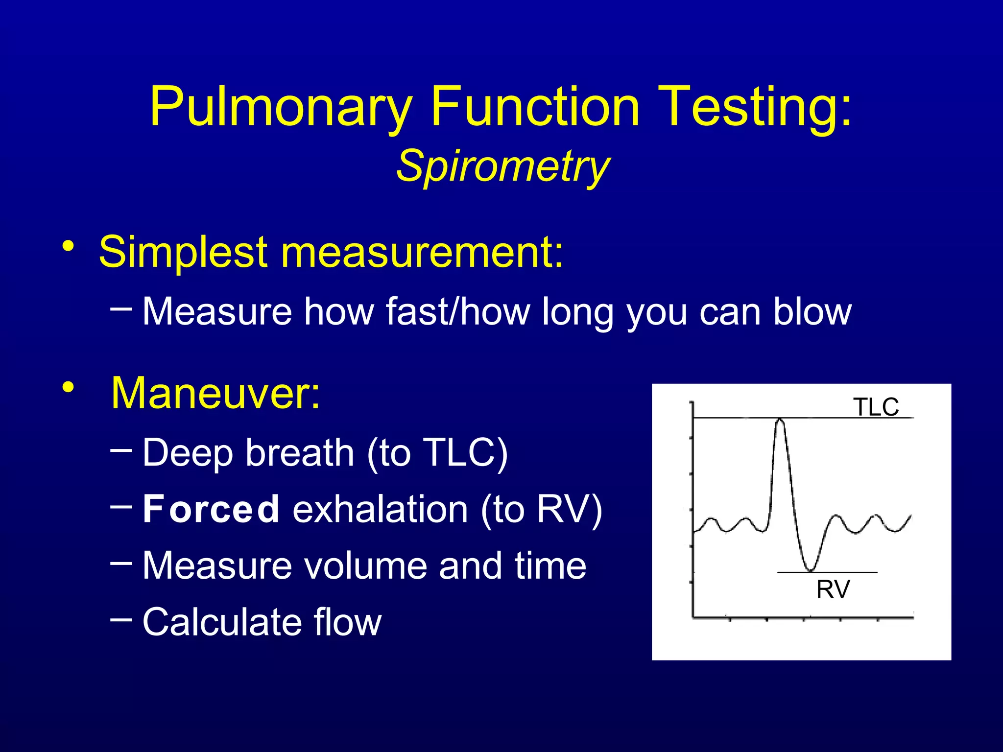 Pulmonary Function Testing:
Spirometry
• Simplest measurement:
– Measure how fast/how long you can blow
• Maneuver:
– Deep breath (to TLC)
– Forced exhalation (to RV)
– Measure volume and time
– Calculate flow
TLC
RV
 