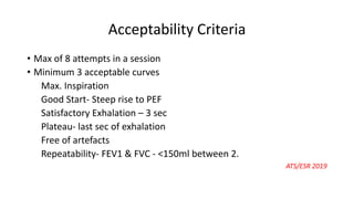 Acceptability Criteria
• Max of 8 attempts in a session
• Minimum 3 acceptable curves
Max. Inspiration
Good Start- Steep rise to PEF
Satisfactory Exhalation – 3 sec
Plateau- last sec of exhalation
Free of artefacts
Repeatability- FEV1 & FVC - <150ml between 2.
ATS/ESR 2019
 