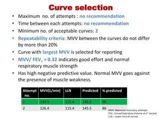 • Maximum  no. of attempts : no recommendation
• Time between each attempts: no recommendation
• Minimum no. of acceptable curves: 2
• Repeatability criteria: MVV between the curves do not differ
by more than 20%
• Curve with largest MVV is selected for reporting
• MVV/ FEV1 > 0.32 indicates good effort and normal
respiratory muscle strength
• Has high negative predictive value. Normal MVV goes against
the presence of muscle weakness.
Curve selection
Attempt
  no.
MVV(L/min) LLN Predicted % predicted
1 139.5 115.4 145.5 96
2 126.4 115.4 145.5 86 MVV‐ Maximum Voluntary attempts
FEV1  Forced Expiratory Volume at 1st
 second
LLN – Lower limit of normal
 