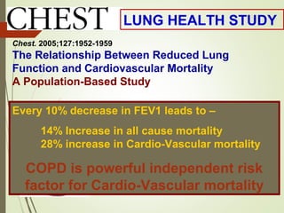 Chest. 2005;127:1952-1959
The Relationship Between Reduced Lung
Function and Cardiovascular Mortality
A Population-Based Study
Don D. Sin, MD, MPH, FCCP; LieLing Wu, MSc and S. F. Paul Man, MD
Every 10% decrease in FEV1 leads to –
14% Increase in all cause mortality
28% increase in Cardio-Vascular mortality
COPD is powerful independent risk
factor for Cardio-Vascular mortality
LUNG HEALTH STUDY
 