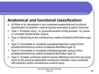 Anatomical and functional classification:
 Al Rifaei et al. developed a new combined anatomical and functional
classification of posterior urethral injuries secondary to pelvic fractures:
 Type 1: Prostatic injury; 1a: proximal avulsion of the prostate. 1b: partial
or complete transprostatic rupture.
 Type 2: Stretching of the membranous urethra (Colapinto-McCallum type
1).
 Type 3: Incomplete or complete supradiaphragmatic rupture of the
prostatomembranous urethra (Colapinto-McCallum type 2).
 Type 4: Incomplete or complete infradiaphragmatic rupture of the
prostatomembranous urethra (Colapinto-McCallum type 3).
 Type 5: Variable combined urethral injuries affecting more than one level,
injury to the proximal sphincteric mechanism (bladder neck) combined
with prostatic and/or membranous urethral injury.
Dept Of Urology, KMC and GRH,
Chennai 14
 