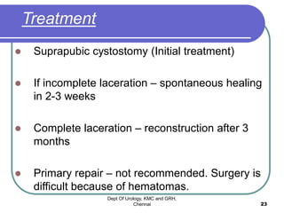Treatment
 Suprapubic cystostomy (Initial treatment)
 If incomplete laceration – spontaneous healing
in 2-3 weeks
 Complete laceration – reconstruction after 3
months
 Primary repair – not recommended. Surgery is
difficult because of hematomas.
Dept Of Urology, KMC and GRH,
Chennai 23
 