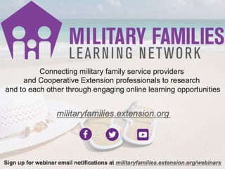Connecting military family service providers
and Cooperative Extension professionals to research
and to each other through...