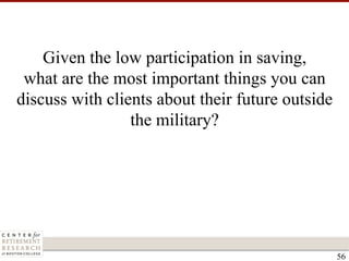 The vast majority of your clients will not
retire from the military – they’ll retire from
the private sector.
It’s crucial...