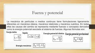 Fuerza y potencial
La mecánica de partículas o medios continuos tiene formulaciones ligeramente
diferentes en mecánica clásica, mecánica relativista y mecánica cuántica. En todas
ellas las causas del cambio se representa mediante fuerzas o conceptos derivados
como la energía potencial asociada al sistema de fuerzas. Algunas fórmulas son:
Energía mecánica
 