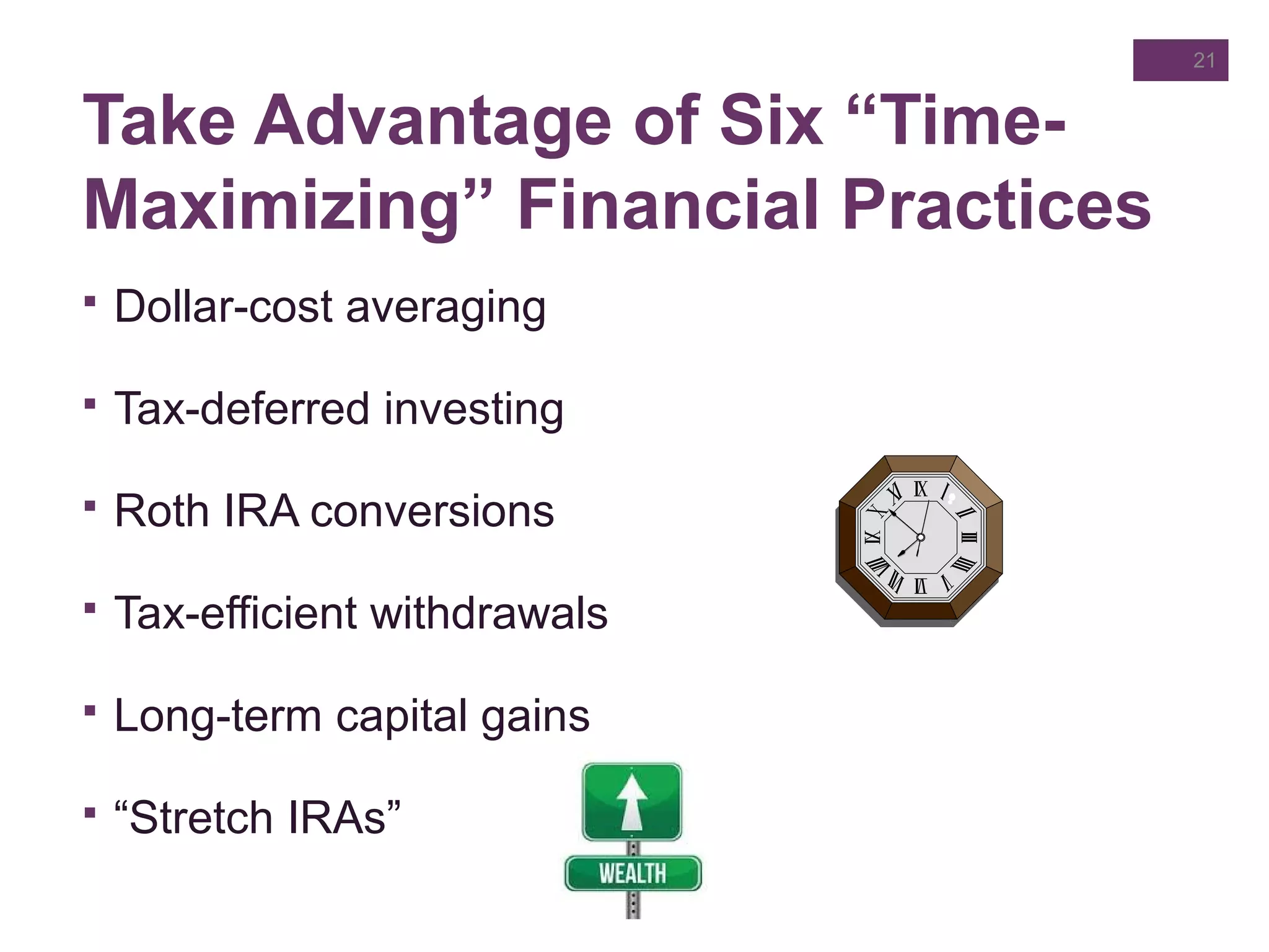 Take Advantage of Six “Time-
Maximizing” Financial Practices
21
 Dollar-cost averaging
 Tax-deferred investing
 Roth IRA conversions
 Tax-efficient withdrawals
 Long-term capital gains
 “Stretch IRAs”
 