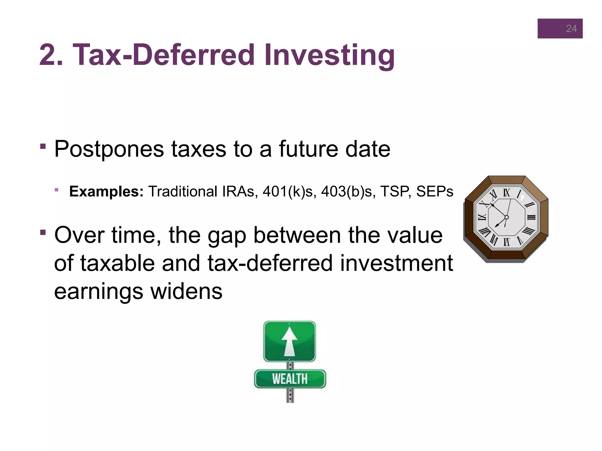 2. Tax-Deferred Investing
 Postpones taxes to a future date
 Examples: Traditional IRAs, 401(k)s, 403(b)s, TSP, SEPs
 Over time, the gap between the value
of taxable and tax-deferred investment
earnings widens
24
 