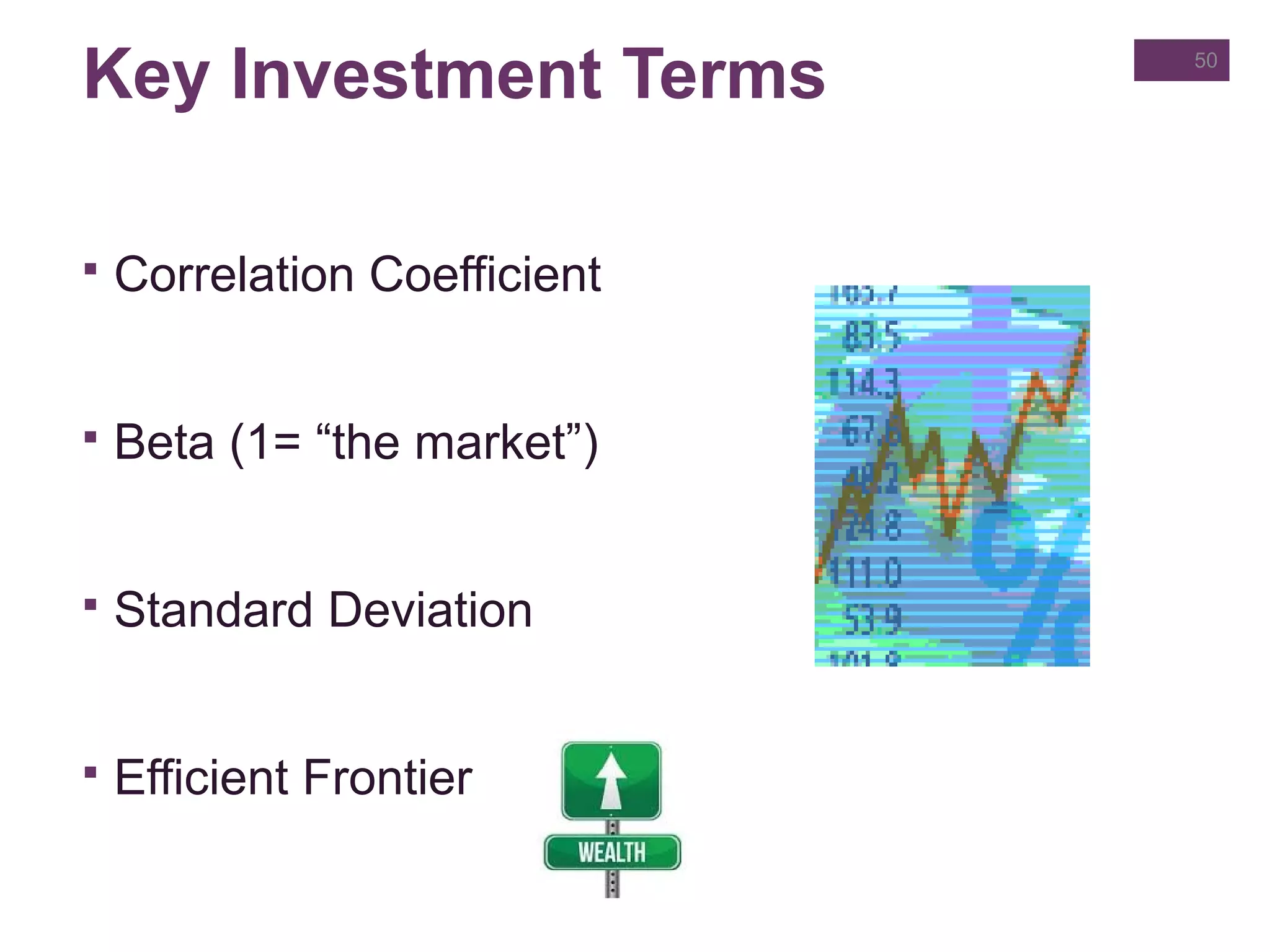 Key Investment Terms
 Correlation Coefficient
 Beta (1= “the market”)
 Standard Deviation
 Efficient Frontier
50
 
