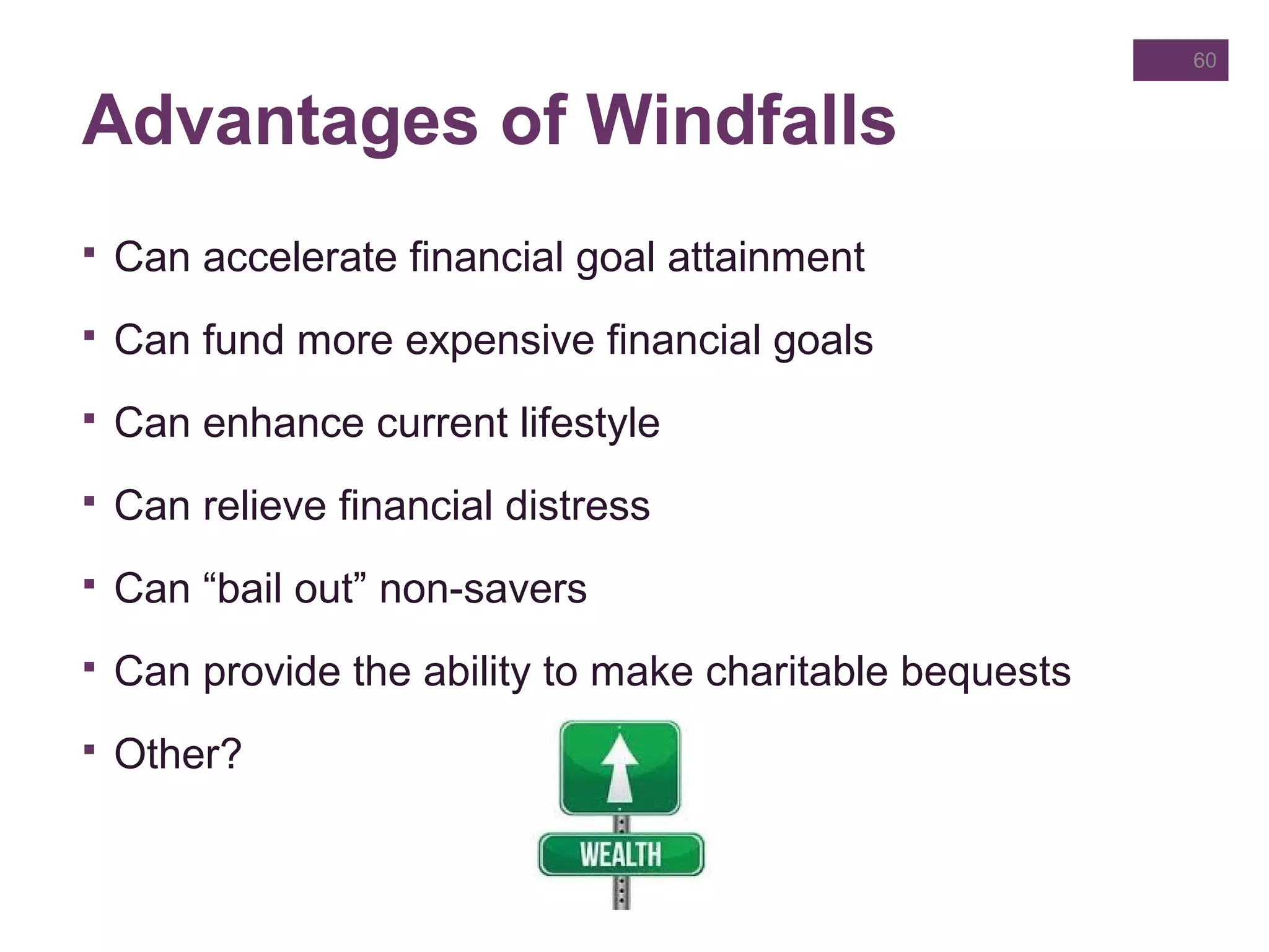 Advantages of Windfalls
 Can accelerate financial goal attainment
 Can fund more expensive financial goals
 Can enhance current lifestyle
 Can relieve financial distress
 Can “bail out” non-savers
 Can provide the ability to make charitable bequests
 Other?
60
 