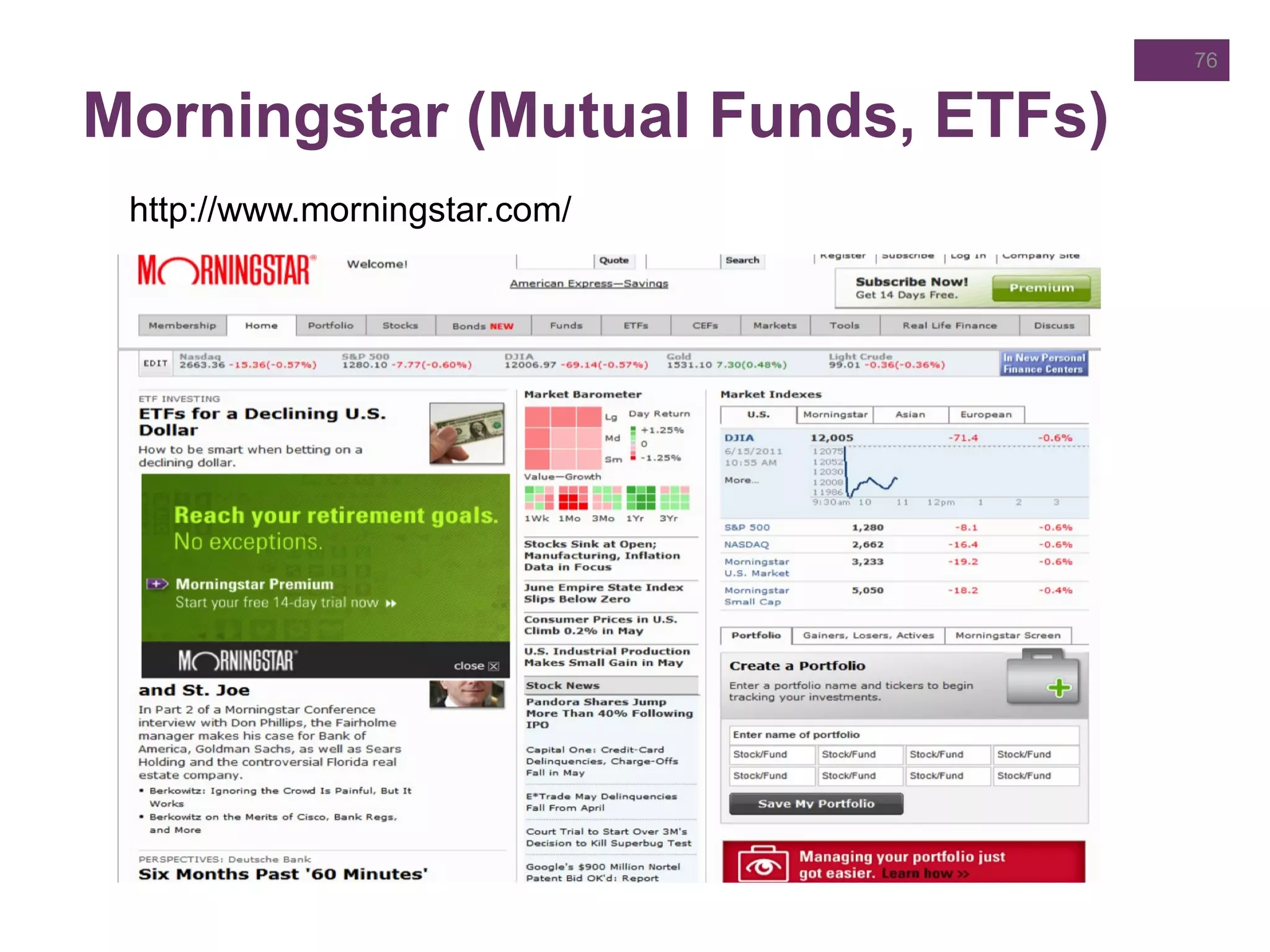 Morningstar (Mutual Funds, ETFs)
http://www.morningstar.com/
76
 