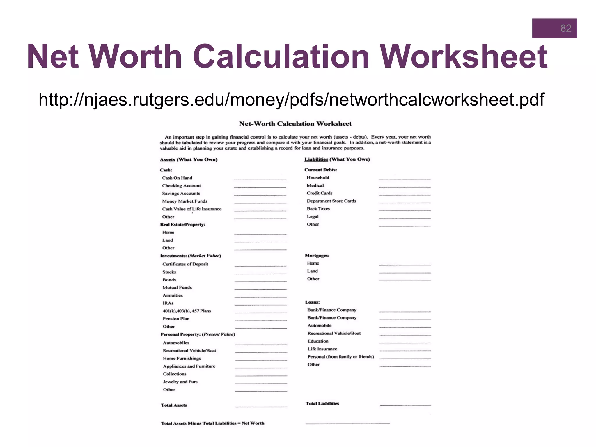 Net Worth Calculation Worksheet
http://njaes.rutgers.edu/money/pdfs/networthcalcworksheet.pdf
82
 