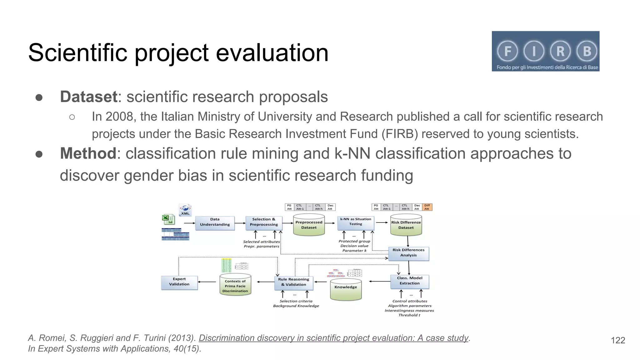 Scientific project evaluation
● Dataset: scientific research proposals
○ In 2008, the Italian Ministry of University and Research published a call for scientific research
projects under the Basic Research Investment Fund (FIRB) reserved to young scientists.
● Method: classification rule mining and k-NN classification approaches to
discover gender bias in scientific research funding
122A. Romei, S. Ruggieri and F. Turini (2013). Discrimination discovery in scientific project evaluation: A case study.
In Expert Systems with Applications, 40(15).
 