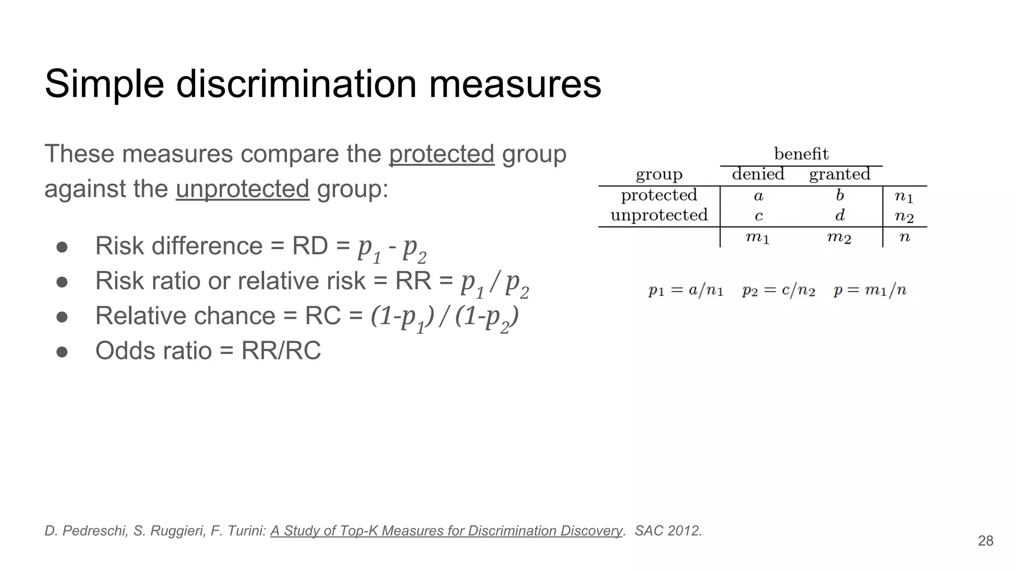 Simple discrimination measures
These measures compare the protected group
against the unprotected group:
● Risk difference = RD = p1
- p2
● Risk ratio or relative risk = RR = p1
/ p2
● Relative chance = RC = (1-p1
) / (1-p2
)
● Odds ratio = RR/RC
28
D. Pedreschi, S. Ruggieri, F. Turini: A Study of Top-K Measures for Discrimination Discovery. SAC 2012.
 