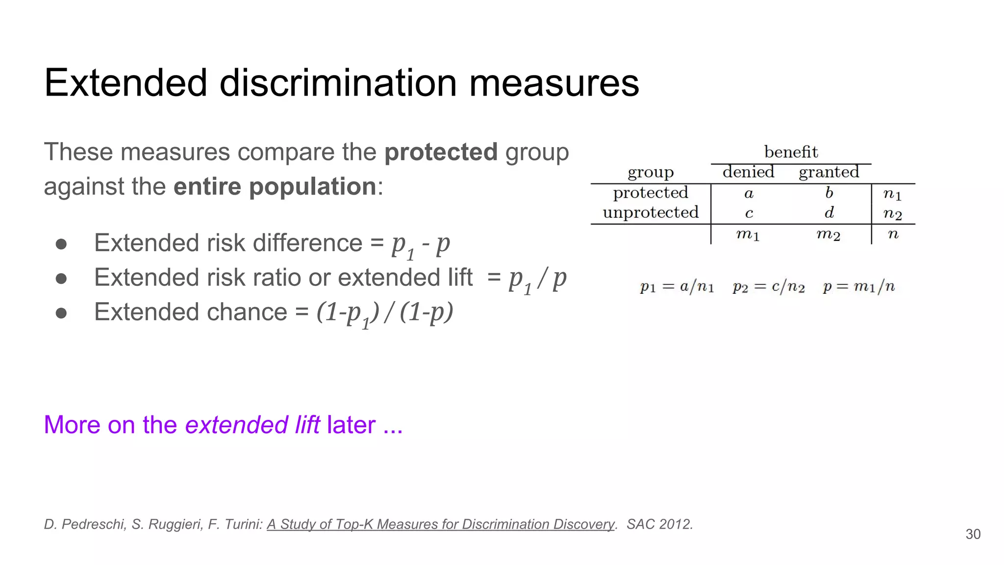 Extended discrimination measures
These measures compare the protected group
against the entire population:
● Extended risk difference = p1
- p
● Extended risk ratio or extended lift = p1
/ p
● Extended chance = (1-p1
) / (1-p)
More on the extended lift later ...
30
D. Pedreschi, S. Ruggieri, F. Turini: A Study of Top-K Measures for Discrimination Discovery. SAC 2012.
 