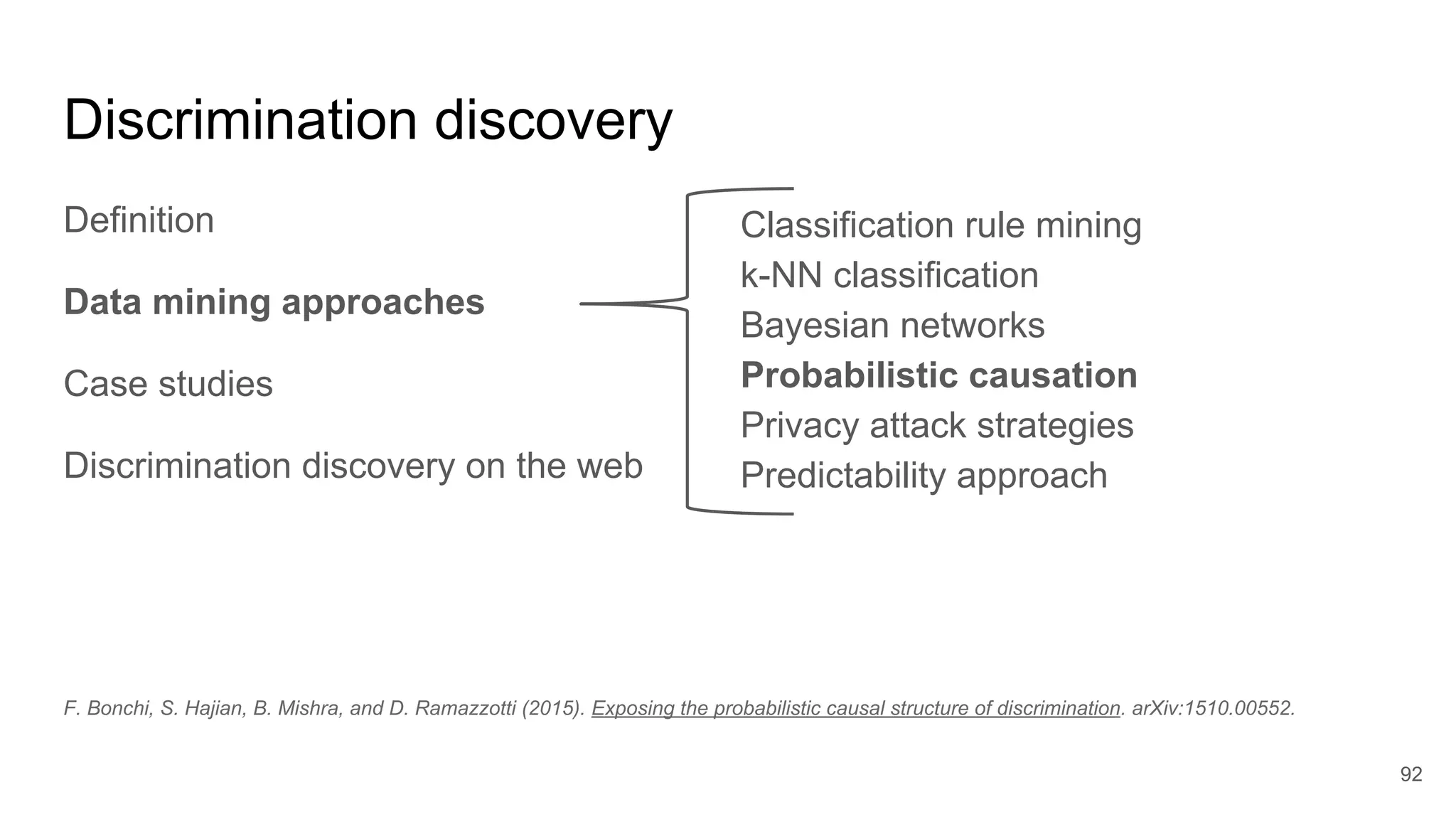 Discrimination discovery
Definition
Data mining approaches
Case studies
Discrimination discovery on the web
92
Classification rule mining
k-NN classification
Bayesian networks
Probabilistic causation
Privacy attack strategies
Predictability approach
F. Bonchi, S. Hajian, B. Mishra, and D. Ramazzotti (2015). Exposing the probabilistic causal structure of discrimination. arXiv:1510.00552.
 