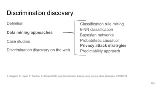 Discrimination discovery
Definition
Data mining approaches
Case studies
Discrimination discovery on the web
105
Classification rule mining
k-NN classification
Bayesian networks
Probabilistic causation
Privacy attack strategies
Predictability approach
S. Ruggieri, S. Hajian, F. Kamiran, X. Zhang (2014). Anti-discrimination analysis using privacy attack strategies. In PKDD'14.
 