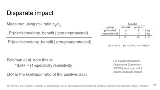 Disparate impact
Measured using risk ratio p1
/p2
Pr(decision=deny_benefit | group=protected)
Pr(decision=deny_benefit | group=unprotected)
Feldman et al. note this is:
1/LR+ = (1-specificity)/sensitivity
LR+ is the likelihood ratio of the positive class
118
US Equal Employment
Opportunity Commision
(EEOC) says p1
/p2
≤ 0.8
means disparate impact
M. Feldman, S.A. Friedler, J. Moeller, C. Scheidegger, and S. Venkatasubramanian (2015). Certifying and removing disparate impact. In KDD'15.
 